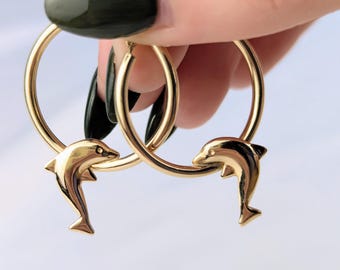 10K Gold Delfin-Creolen – Vintage-Creolen mit springendem Delfin-Anhänger