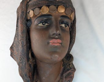 Vintage-Frauenmaske, 30 cm, handbemalte Gipsbüste, skulpturale Wandkunst