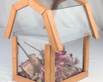 Handgefertigtes Gewächshaus-Terrarium aus Glas | Vitrine aus Holz und Glas | Botanische Dekoration im Landhausstil