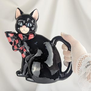 Vintage Black Cat Teapot Ceramic Cat Tea Pot Red and Black Bow, Cream Pitcher