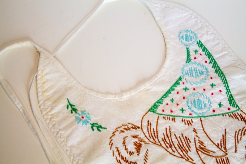 Mid Century Baby Bib Hand Stitched Birthday Party Hat Squirrel Bib 1st Birthday 1950s Vintage Hand Made Embroidered Chipmunk Baby Bid