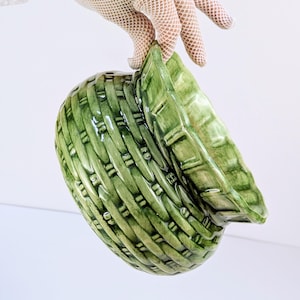 Vintage Green Woven Basket Planter Cache Pot Ceramic Pottery Vase Rustic Cottage Decor 7"