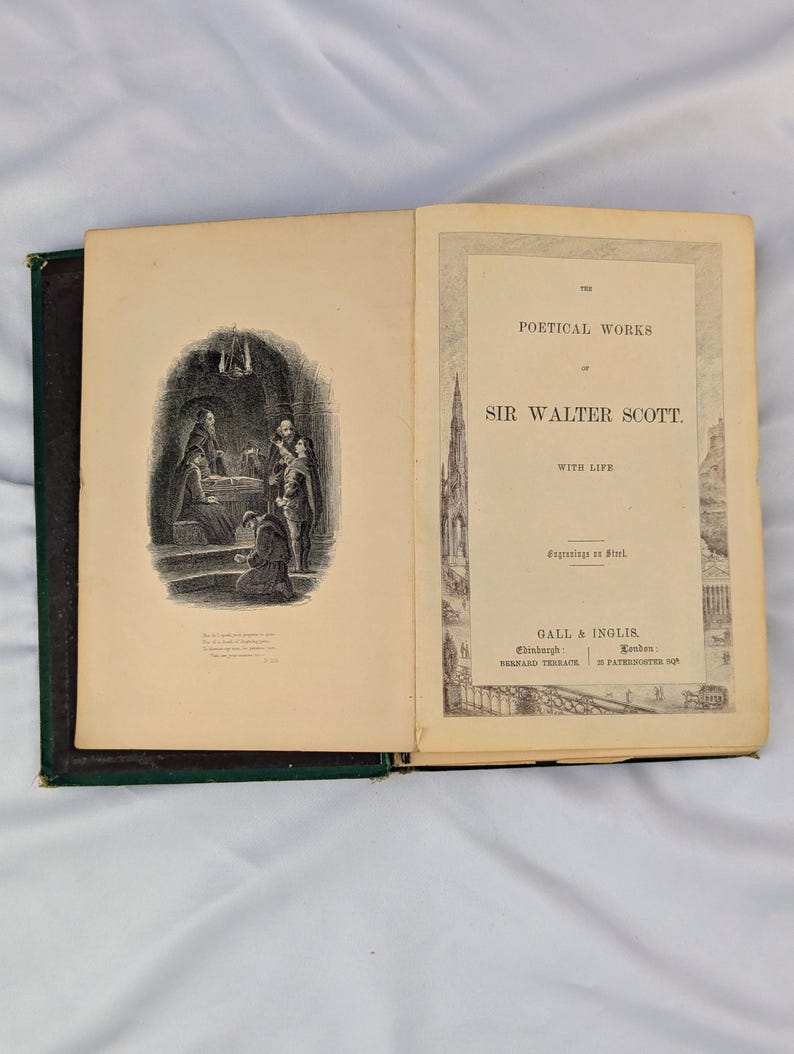 May include: An open antique book titled The Poetical Works of Sir Walter Scott with Life. The left page features a black and white engraving of figures in a stone chamber, while the right page displays the title, publisher Gall & Inglis, and locations.