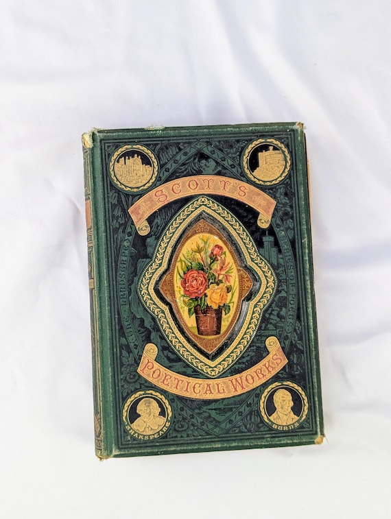 Antique Victorian Sir Walter Scott Poetry Book, c. 1880s Ornate Gilt Floral Hardcover, Landscape Series of Poets