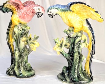 Vintage Italian Majolica Style Ceramic Macaw Parrot Pair – 18” Hand Painted Tropical Bird Statues