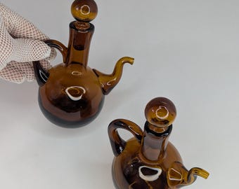 Vintage Amber Glass Oil & Vinegar Cruet Set, Hand Blown Spanish Art Glass Decanters