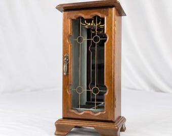 Vintage Schmuckschrank aus Holz, Glastür, verspiegelter Innenraum