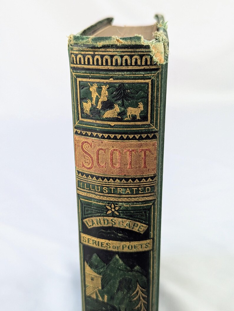 May include: A green hardcover book spine with gold embossed lettering and illustrations. The text reads SCOTT, ILLUSTRATED, LANDSCAPE, and SERIES OF POETS. The spine features decorative borders, a mountain scene, and figures with animals.