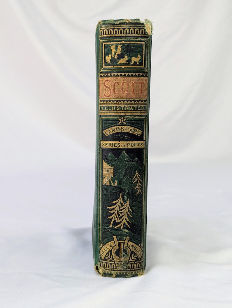 May include: A green hardcover book spine with gold embossed details. The text reads SCOTT, ILLUSTRATED, LANDSCAPE, SERIES OF POETS, and GALL & INGLIS. The design features a mountain landscape with trees, a small building, and a lyre emblem at the base.