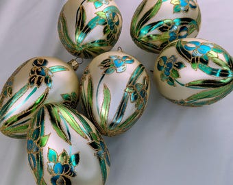 Vintage polnische Glas-Eier-Ornamente, 6er-Set, handbemalt mit Irisblüten, 12,7 cm (5 Zoll)