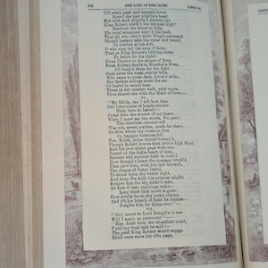 May include: An open antique book featuring printed black text on cream-colored paper. The page displays a section of The Lord of the Isles, including stanzas VI and VII, with decorative brown-toned illustrations of landscapes bordering the text.