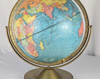 Vintage Cram’s Imperial Weltglobus aus den 1960er Jahren – 30 cm Durchmesser, blauer Globus, Messingfarbener Ständer, Mid-Century-Dekor