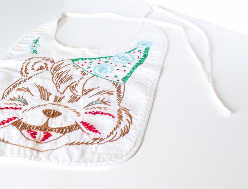 Mid Century Baby Bib Hand Stitched Birthday Party Hat Squirrel Bib 1st Birthday 1950s Vintage Hand Made Embroidered Chipmunk Baby Bid