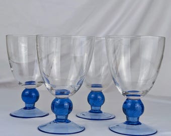 Vintage-Weingläser mit blauem Kugelstiel, 4er-Set – Klarglas