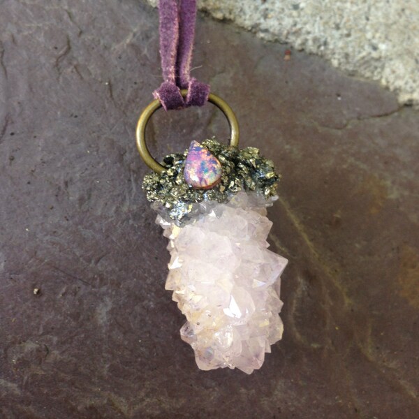 Spirit Quartz Pendant with Mermaid Scale -  Pink Opal, Lavender Spirit Quartz