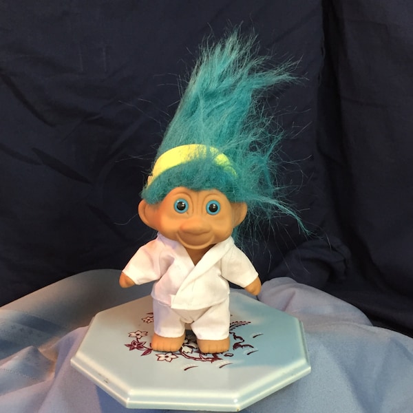 Vintage Troll Doll, Blue Hair, Karate Outfit, Yellow Headband, TNT Troll, 1991