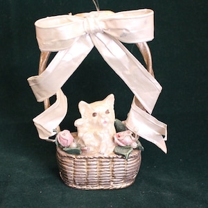 Vintage Cat in a Basket Bow Pearls Christmas Ornament