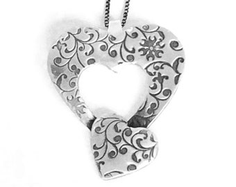 Floral Heart Fine Silver Necklace, Antiqued Silver Overlay, Gift