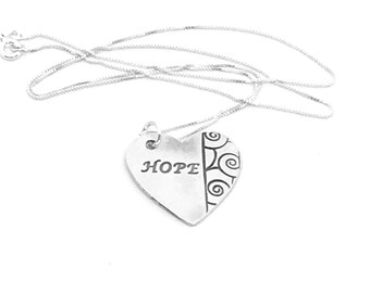 Collar de corazón HOPE, plata fina envejecida, regalo de aliento