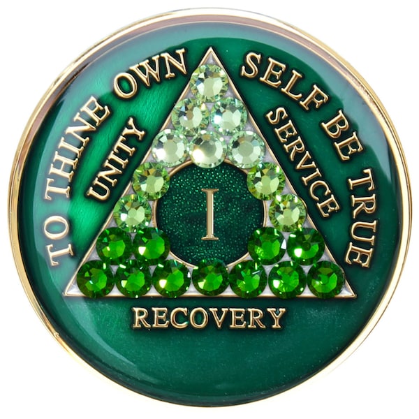 Sobriety Chip AA Transition Green Crystallized Medallion