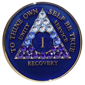 AA Chip | AA Recovery Medallion | Sapphire Blue AA Coin with Blue Bling Crystals in A Transition Pattern | Available In Years 1-40