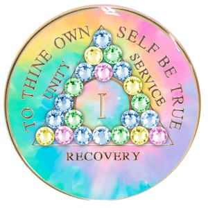 AA Chip | AA Medallion | AA Coin with Tie Dye Colors for a Psychic-delic Change | Crystalized Patchwork Design | Available in Years 1-30