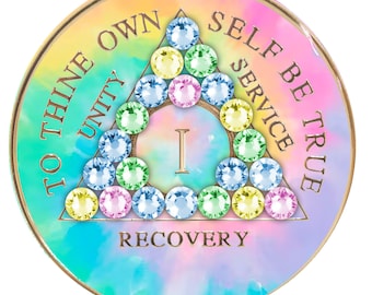AA Chip | AA Medallion | AA Coin with Tie Dye Colors for a Psychic-delic Change | Crystalized Patchwork Design | Available in Years 1-30