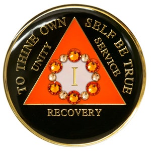 Orange & Black AA Recovery Chip, CZ Crystals, Sobriety Medallion