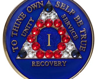 AA-herstelmedaillon | Blue Sobriety-chip met kristallen