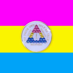 AA Chip | Recovery Medallion | White AA Coin with Crystals in the Pansexual Flag Colors | Available in Years 1-40