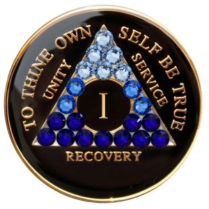 AA Recovery Medallion - Blue Transition Bling Crystallized on Black
