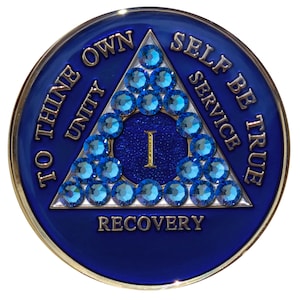 AA Chip | AA Recovery Medallion | Blue AA Sobriety Coin with Sapphire Blue or Diamond Crystals | Available in Years 1-65