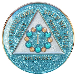 AA Chip | AA Recovery Medallion | Aquamarine Glitter AA Coin with Gold/Blue Crystals to Represent A Flower, Bloom | Available In Years 1-50