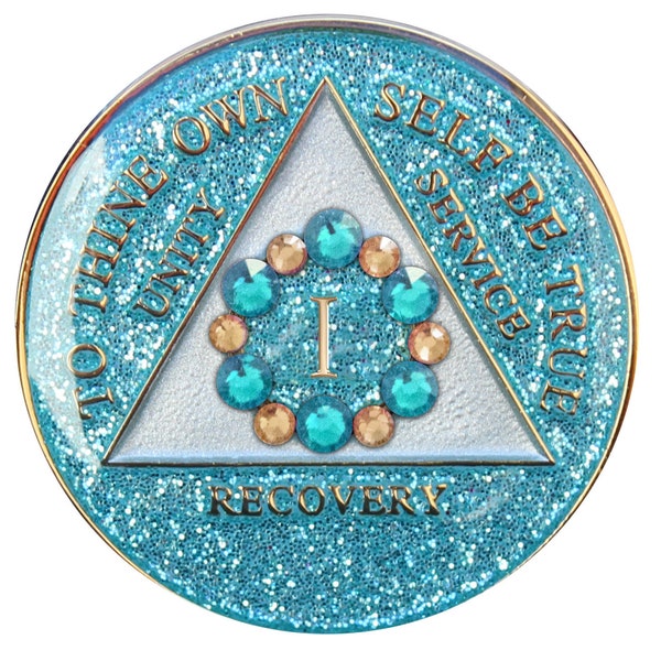 Sobriety Chip AA Bloom Glitter Aqua Crystallized Medallion