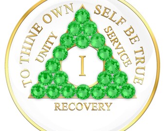 AA Sobriety Chip White with Neon Green Crystals