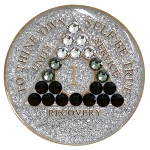 AA Chip | Recovery Medallion | Glitter Silver AA Coin with Black and Silver Crystals in a Transition Shape | Available in Years 1-40