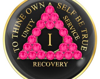 AA Sobriety Chip Black with Neon Pink Crystals