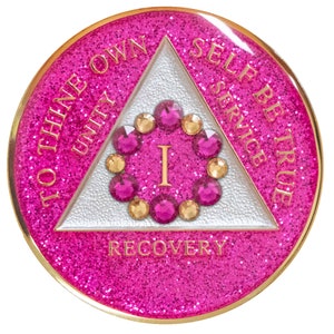AA Chip | AA Recovery Medallion | Glitter Pink AA Sobriety Chip with Pink/Gold Crystals In A Circle | Available in Years 1-50