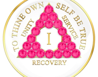 AA Sobriety Chip White with Neon Pink Crystals