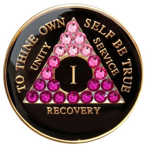 AA Chip | AA Recovery Medallion | Black AA Coin with Pink Crystals in Transition Bling | Available in Years 1-50