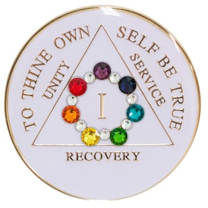 AA Chip | AA Recovery Medallion | White AA Coin with Chakra Bling Crystals in a Circle | Available in Years 1-40