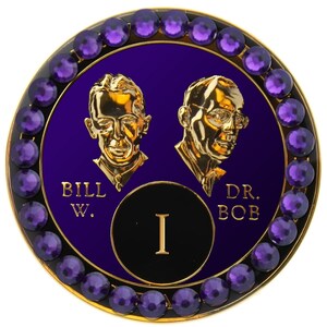 AA Chip | AA Recovery Medallion | Purple Bill and Bob Purple AA Coin with Purple Velvet Bling Crystals | Available In Years 1-50