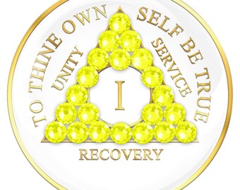 AA Sobriety Chip White with Neon Yellow Crystals