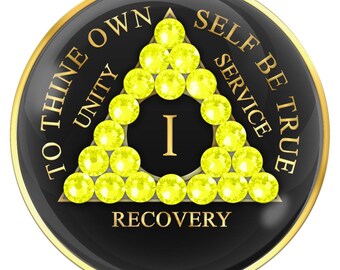 AA Sobriety Chip Black with Neon Yellow Crystals