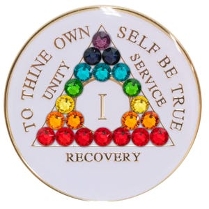 AA Chip | AA Recovery Medallion | White AA Coin with Chakra Bling Crystals | Available in Years 1-40