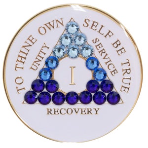 AA Chip | AA Recovery Medallion | White AA Coin With Blue Transition Bling Crystals | Available in Years 1-40