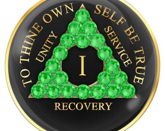 AA Sobriety Chip Black with Neon Green Crystals