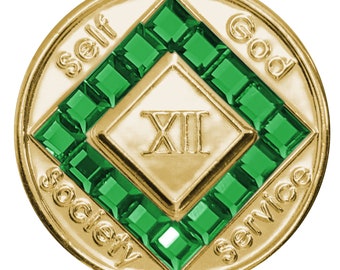 Clean Time Chip Narcotics Anonymous Gold con cristal en forma de diamante (esmeralda)