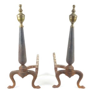 Antique fireplace andirons cast iron brass finials Queen Anne pad feet hearth