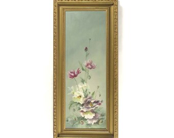 Antique Floral Painting Vertical Narrow Gold Frame Oil On Canvas Vintage Poppies
